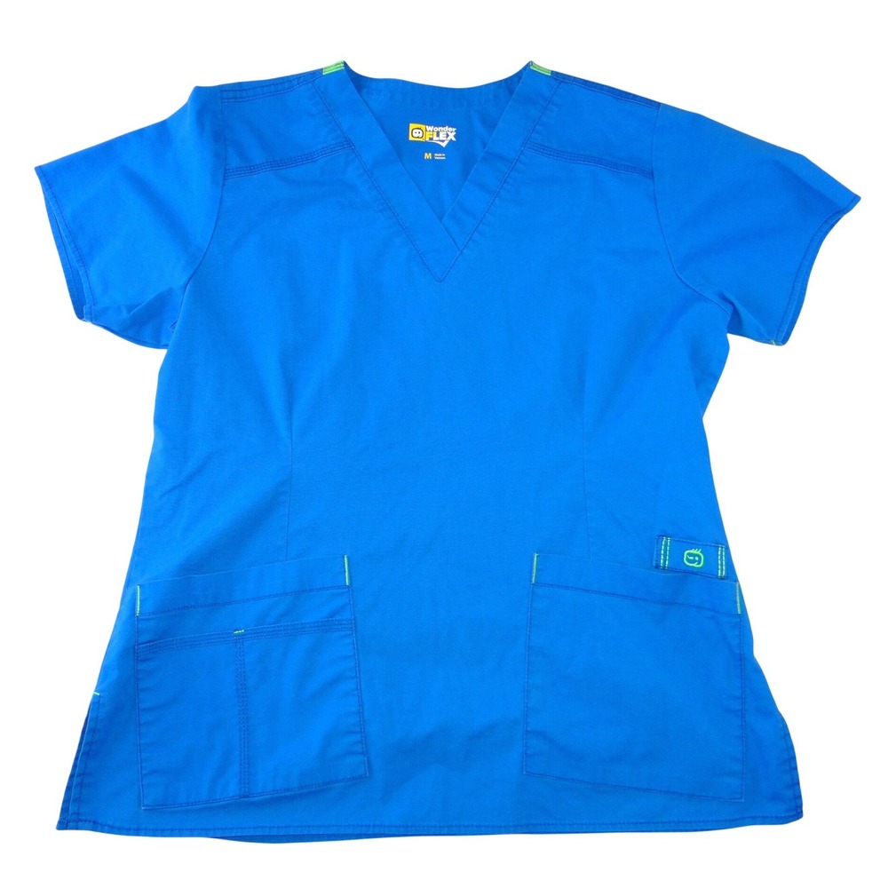 WonderWink WonderFlex Womens Blue Lime Green‎ V-Neck Scrub Top Size Medium 0168